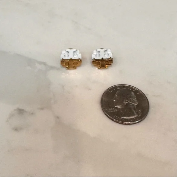 Tory Burch White Enamel Gold Logo Stud Earrings Classic Small - Picture 2 of 3